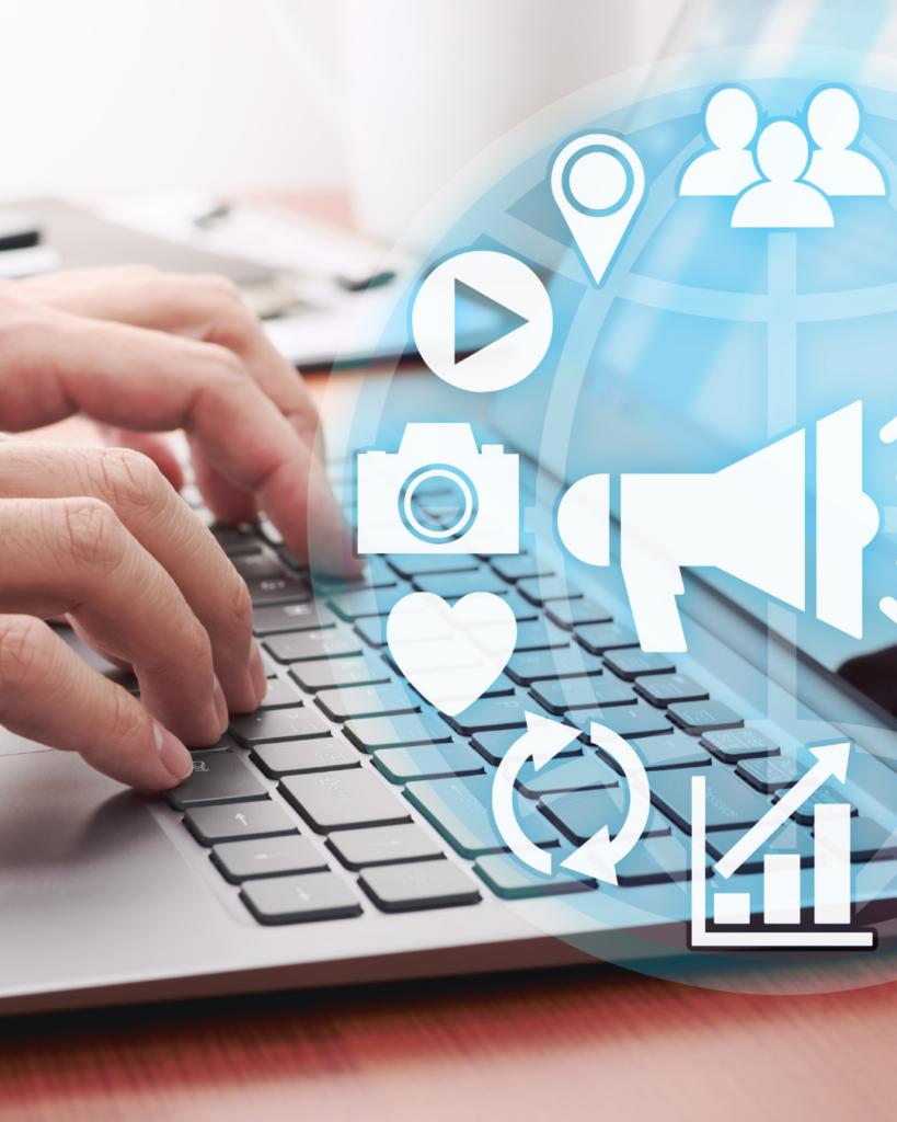 A person types on a laptop, surrounded by various social media icons on the screen.