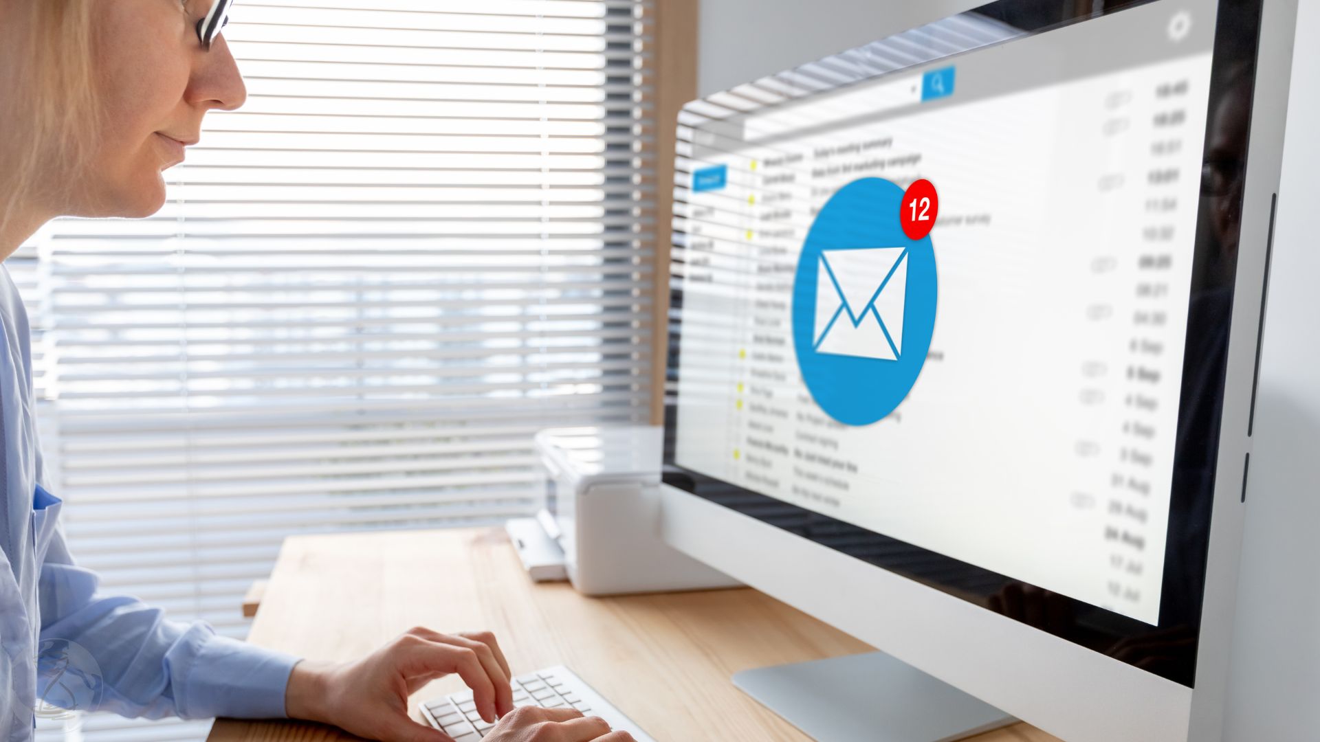 Email inbox notification with female business person receiving new incoming message at work