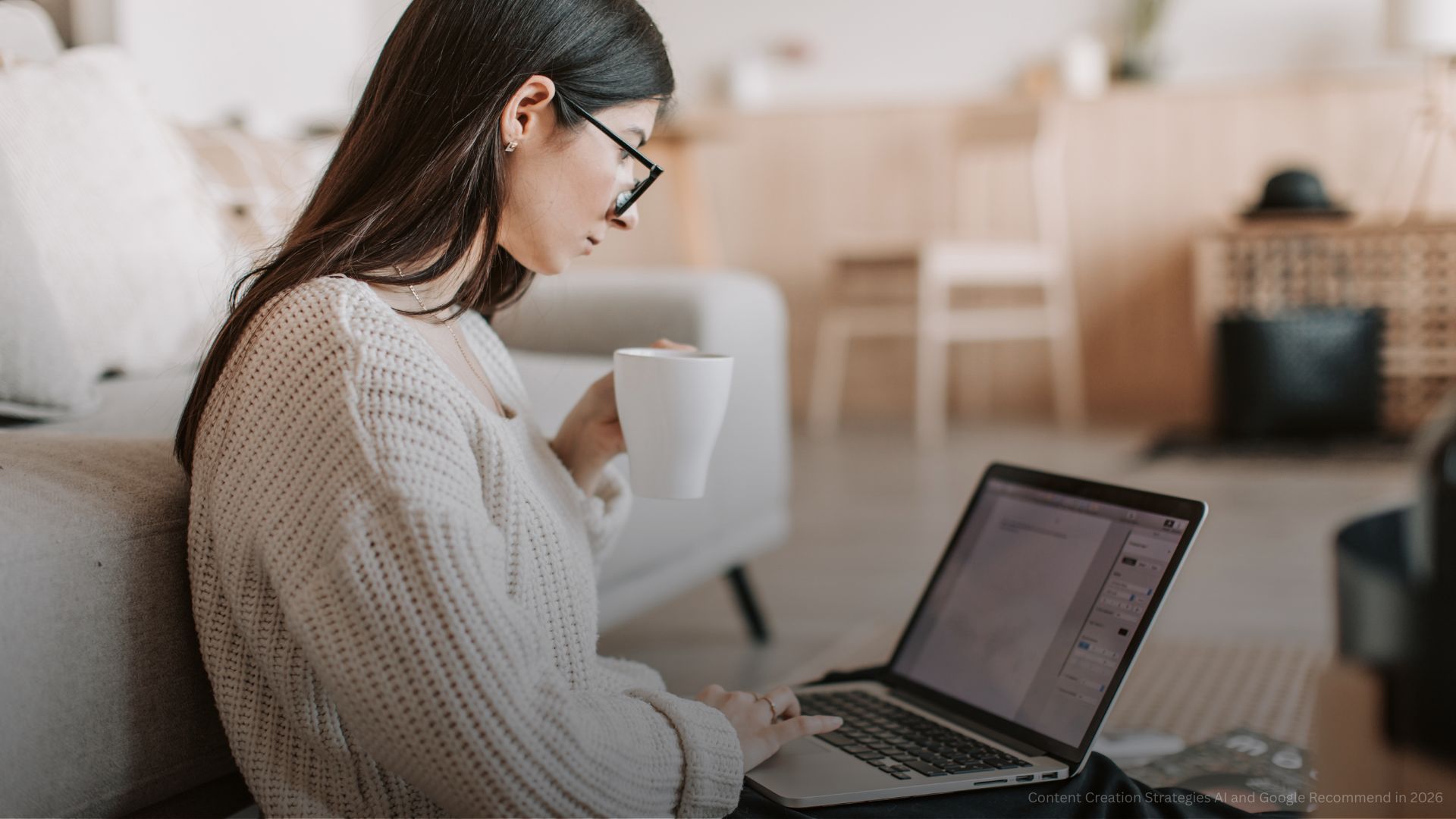 Content young businesswoman using laptop while taking tea cup at home