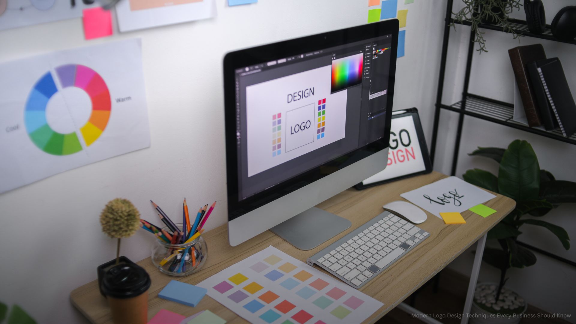 Designer's Desk With Computer Displaying Logo Concept Color Swatches