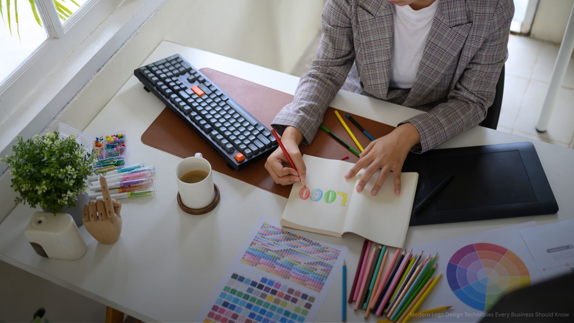 Designer drawing logo ideas by hand, surrounded by color palettes and design tools