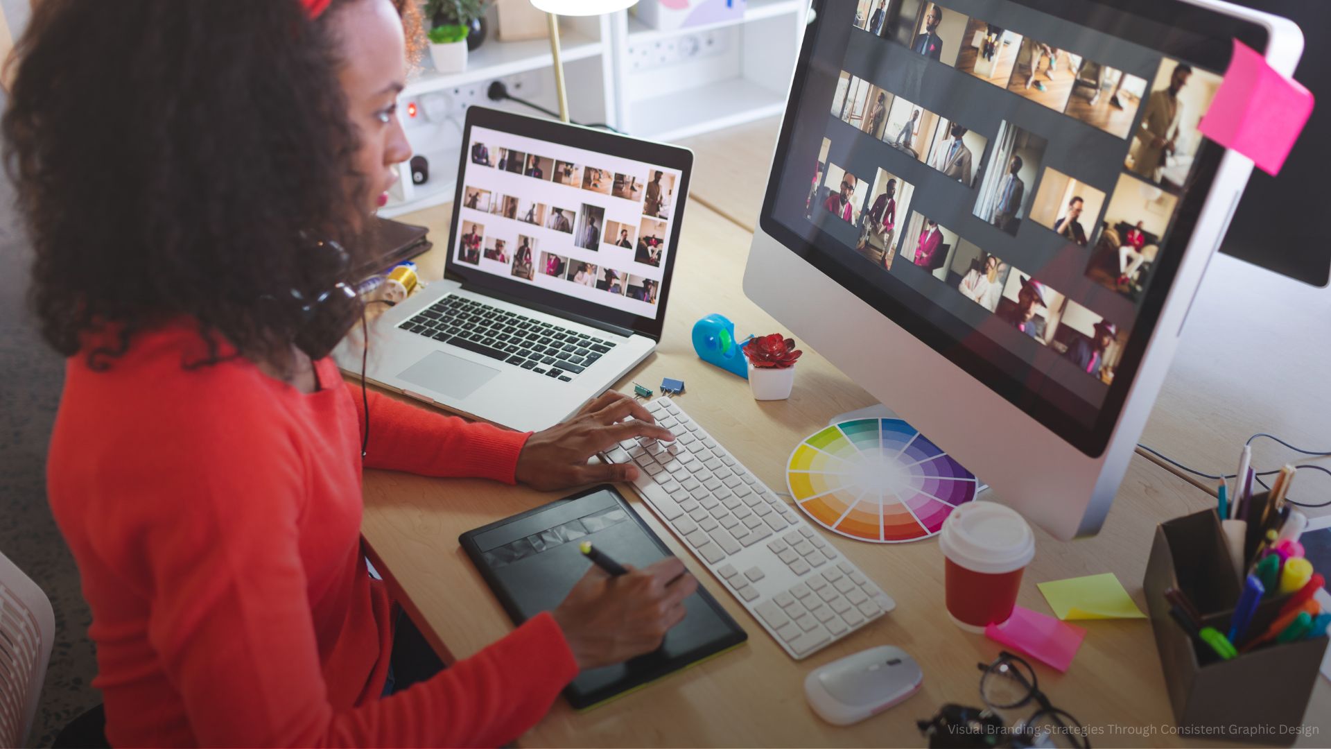 Female graphic designer using graphic tablet at desk