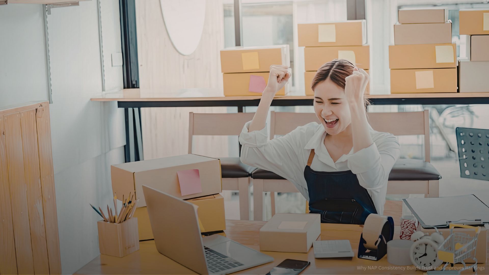 Woman celebrates successful online sales