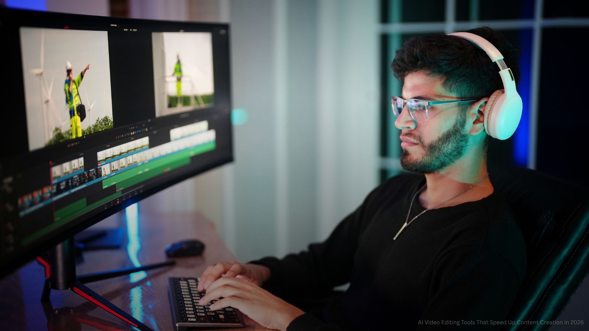 Man editing video content at home workstation with dual monitors