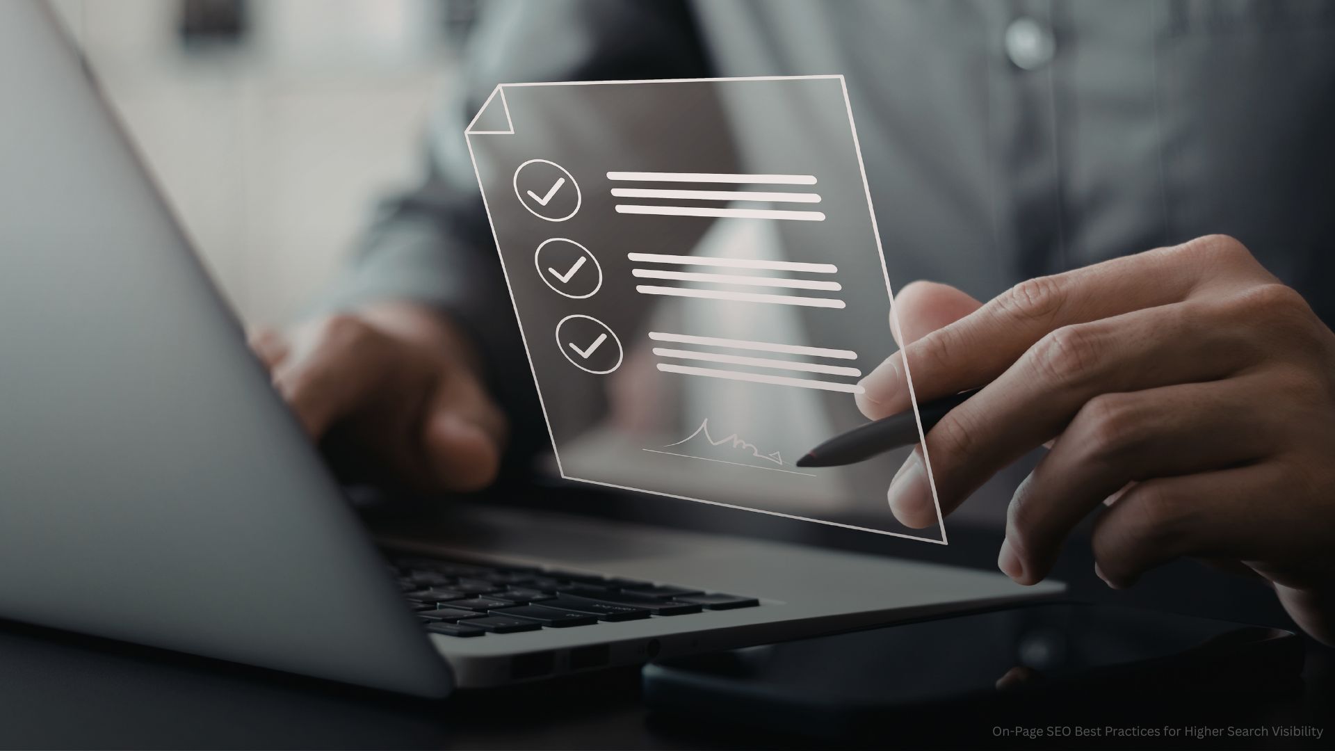 Person using laptop with checklist overlay